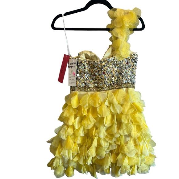 NWT Sherri Hill 6 Silk One Shoulder $330 Sequined Yellow Cocktail Mini Dress - Picture 4 of 6